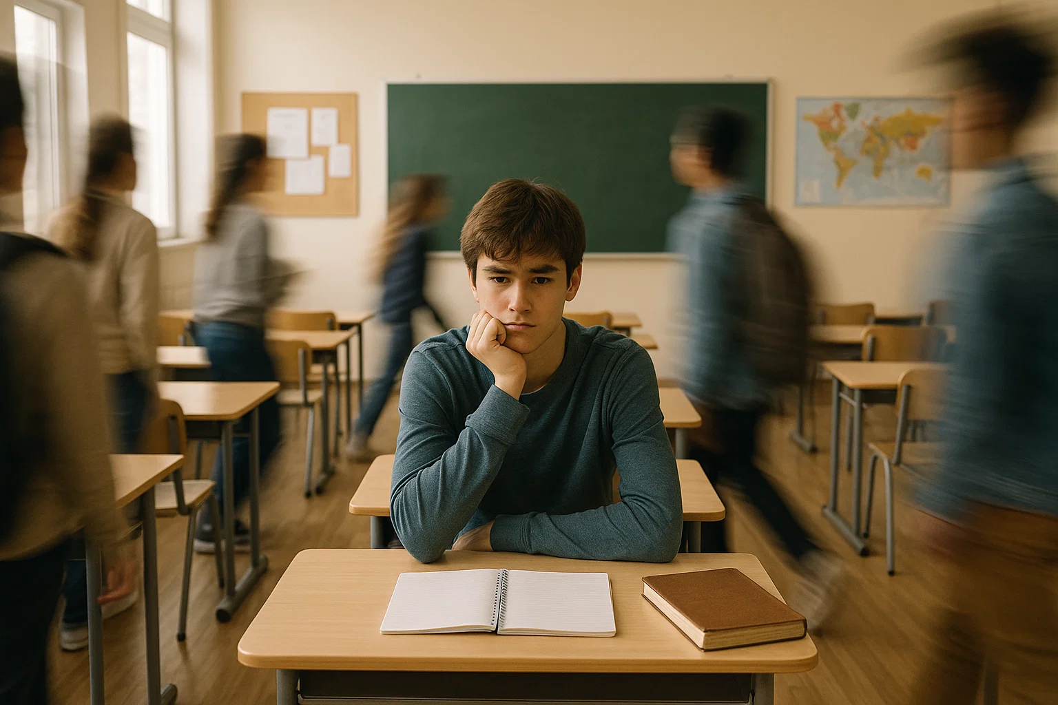 Overwhelmed student in school classroom.